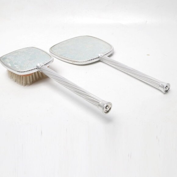 Vintage Vanity Dressing Table Brush Mirror Set England Metal Silver Wood - Picture 6 of 13